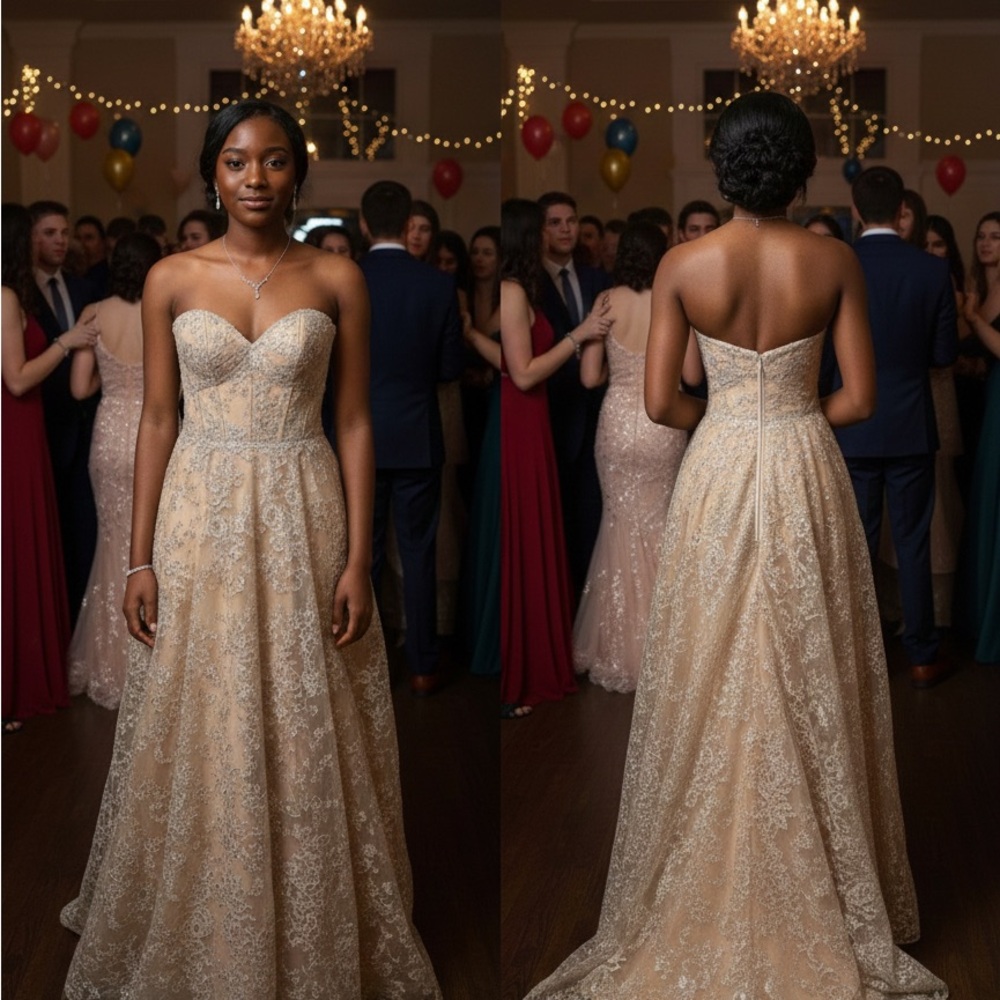 Ellie Wilde Elegant Gold Lace Prom or Evening  Dress